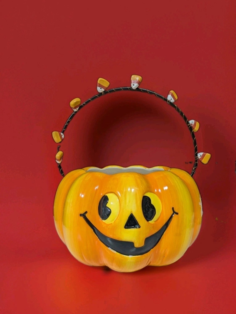 Halloween Pumpkin Candy Bucket - Orange Ceramic Jack-O'-Lantern